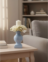 Fiori di Lena - Portacandela in Ceramica Celeste Con Composizione