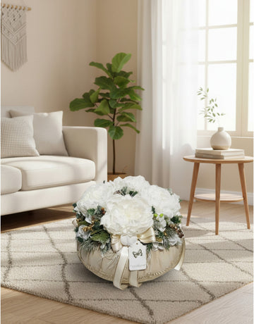 Fiori di Lena - Pouff Velluto Nocciola con 3 o 4 Peonie Bianche
