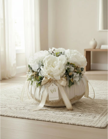 Fiori di Lena - Pouff Beige con 4 Peonie Bianche
