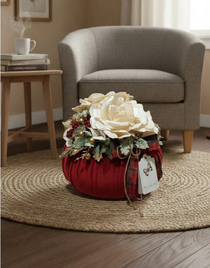 Fiori di Lena - Pouff velluto Bordeaux con 2 rose velluto diametro 24 cm