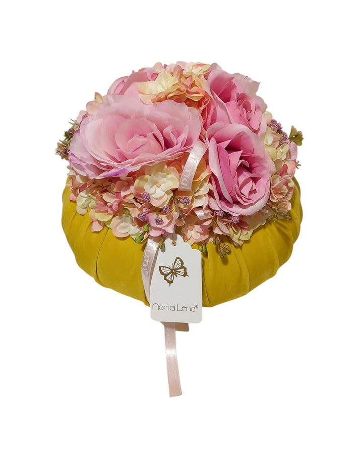 Fiori di Lena - Pouff in velluto giallo con rose rosa  - diametro 18