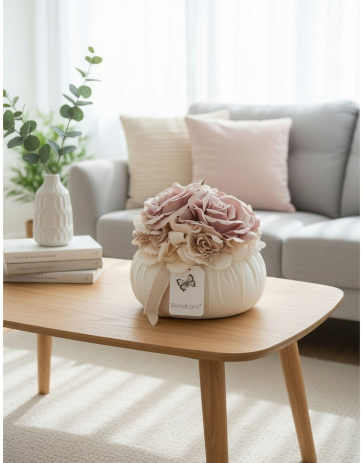 Fiori di Lena - Pouff in Cotone Crema e Rose Rosa Antico