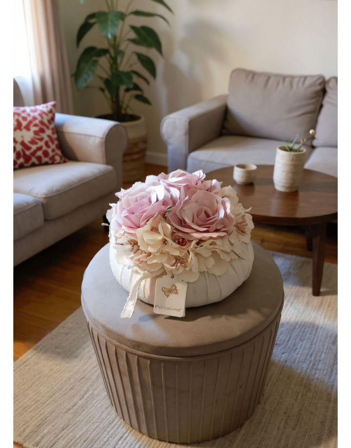 Fiori di Lena - Pouff in Cotone Crema e Rose Rosa Antico