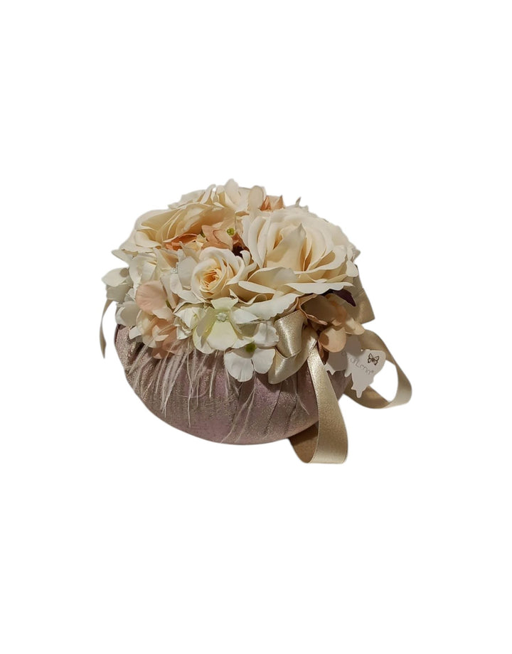 Fiori di Lena - Pouff in cotone rosa e oro con rose crema - diametro 18