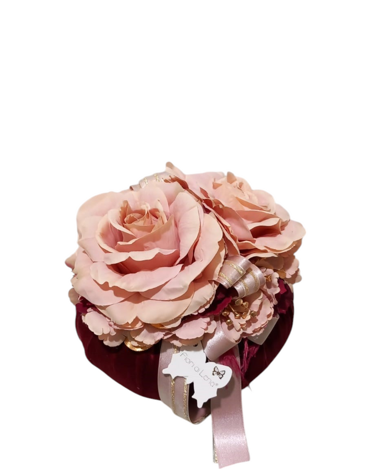 Fiori di Lena - Pouff Velluto amaranto con 2 rose rosa diametro 24 cm