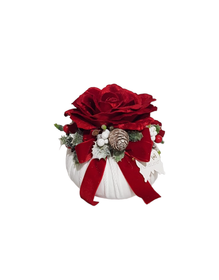 Fiori di Lena - Pouff in velluto bianco con rosa rossa diam-15