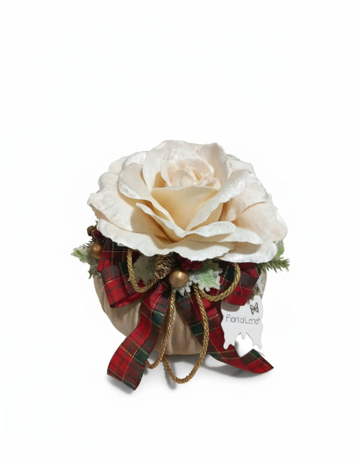 Fiori di Lena - Pouff velluto nocciola con 1 rosa velluto crema diametro 14 cm