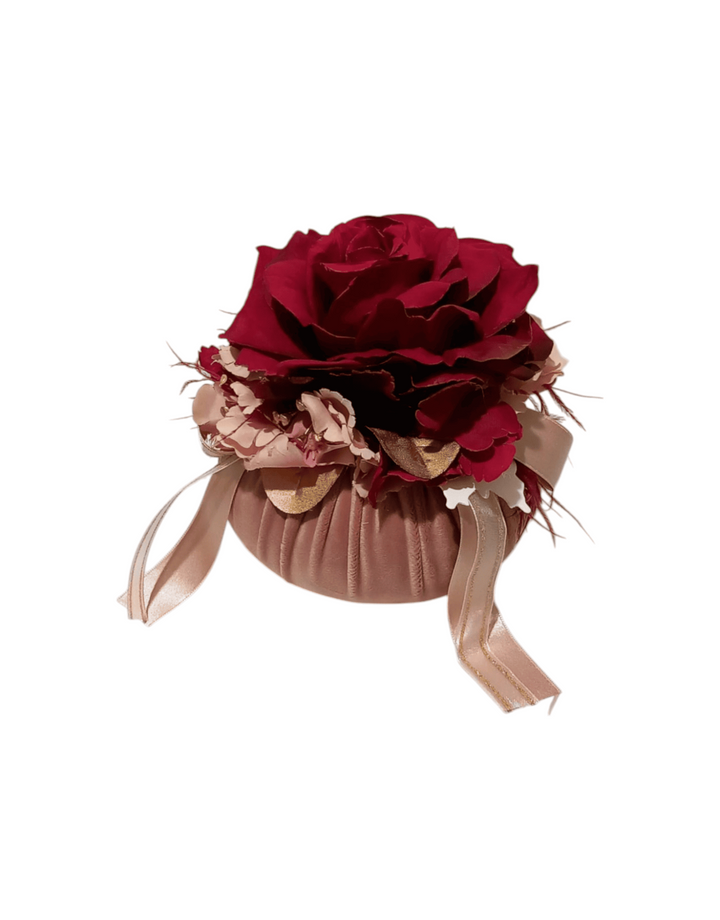 Fiori di Lena - Pouff velluto rosa con rosa rossa - diametro 14